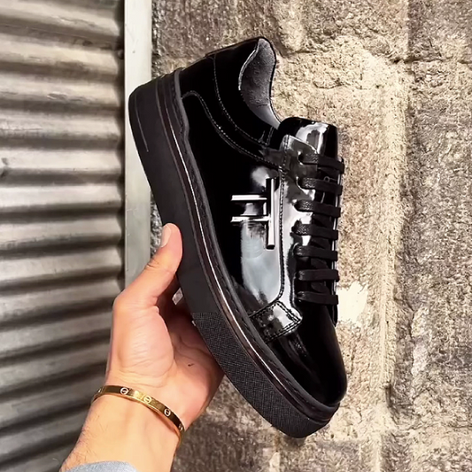 Men's Leather Sneakers with Reflective Logo Detail