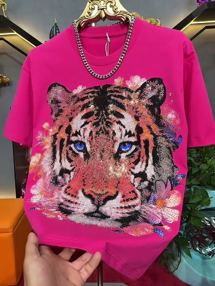 Men's Rhinestone Tiger Head Graphic T-Shirt