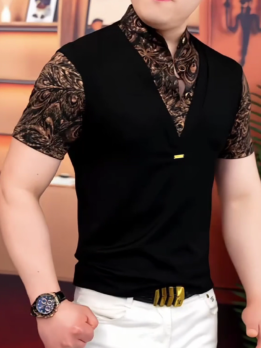 Men's V-Neck Patterned Collar Short Sleeve T-Shirt