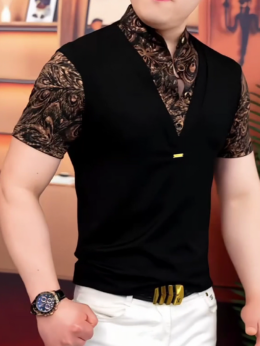 Men's V-Neck Patterned Collar Short Sleeve T-Shirt