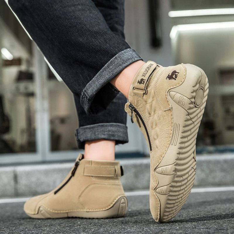 Men's Leather Zip-Up Ankle Boots with Textured Sole