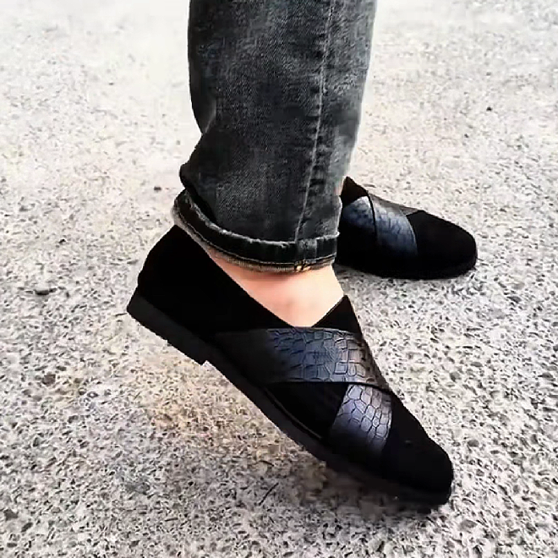Men's Black Croco Print Slip On Sandals