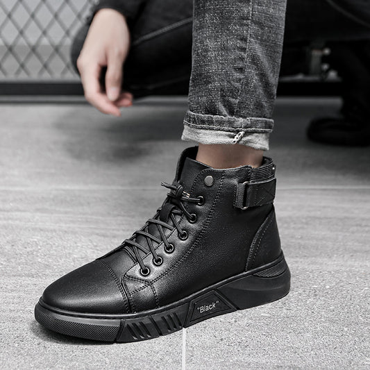 Leather High-Top Boots with Buckle Strap