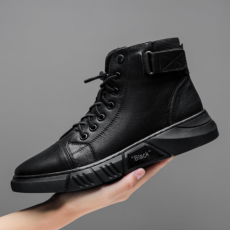 Leather High-Top Boots with Buckle Strap