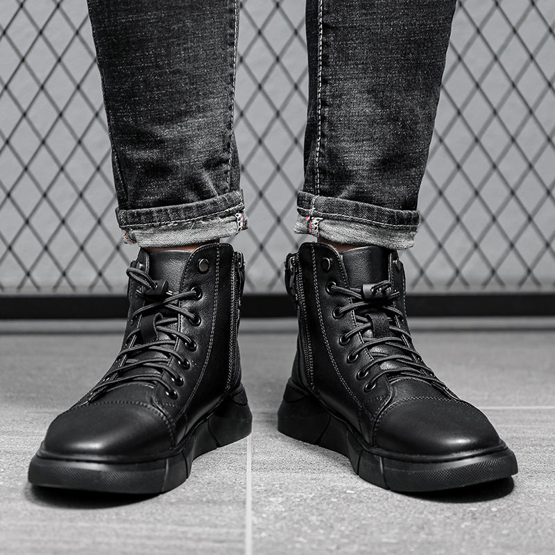 Leather High-Top Boots with Buckle Strap