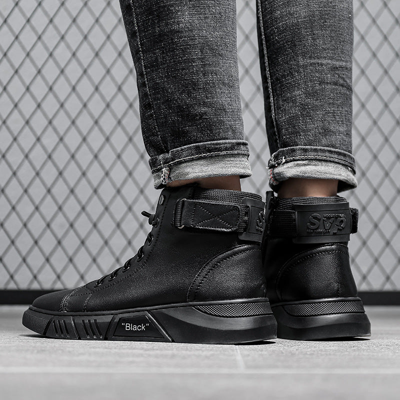 Leather High-Top Boots with Buckle Strap