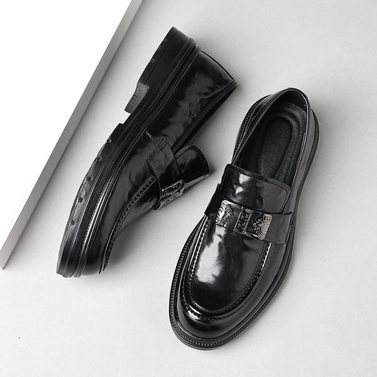 Formal Leather Loafers with Embossed Buckle Strap