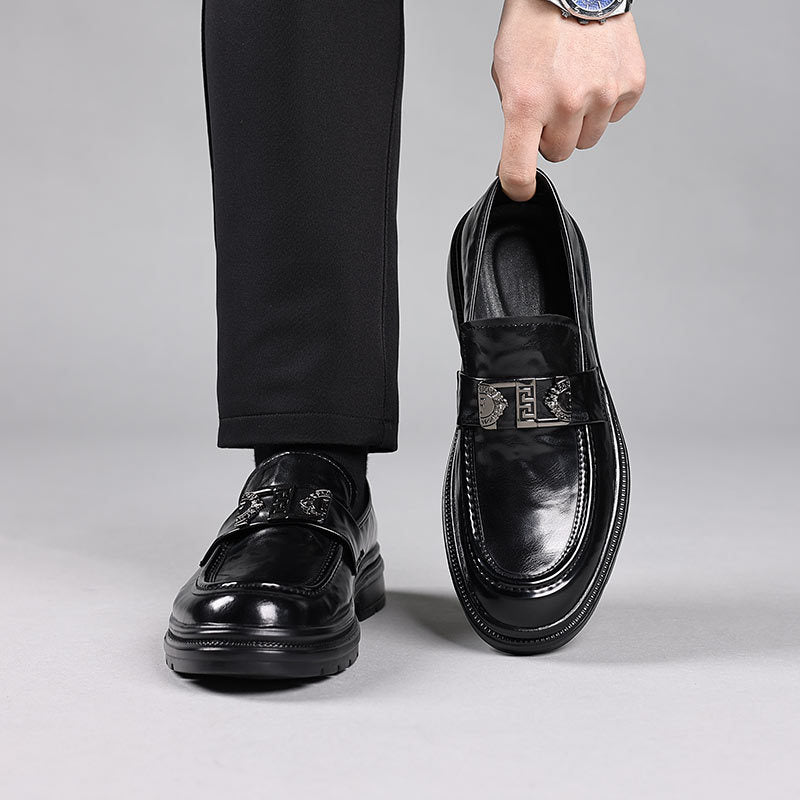 Formal Leather Loafers with Embossed Buckle Strap
