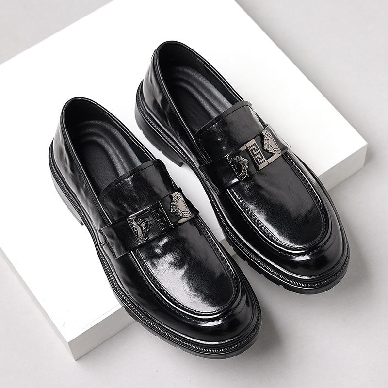 Formal Leather Loafers with Embossed Buckle Strap