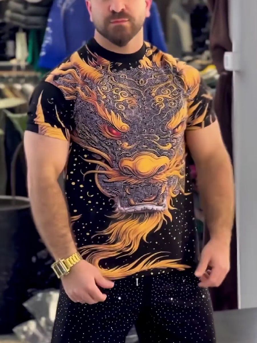 Men's Dragon Print Rhinestone T-Shirt