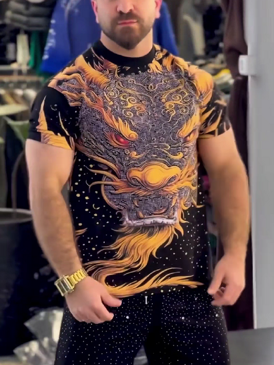 Men's Dragon Print Rhinestone T-Shirt