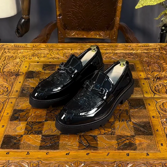 Men's Black Patent Leather Crocodile Loafers