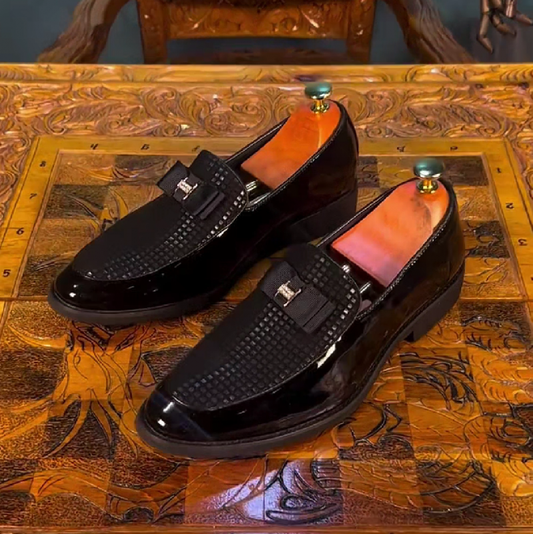 Men's Black Patent Leather Metal Loafers