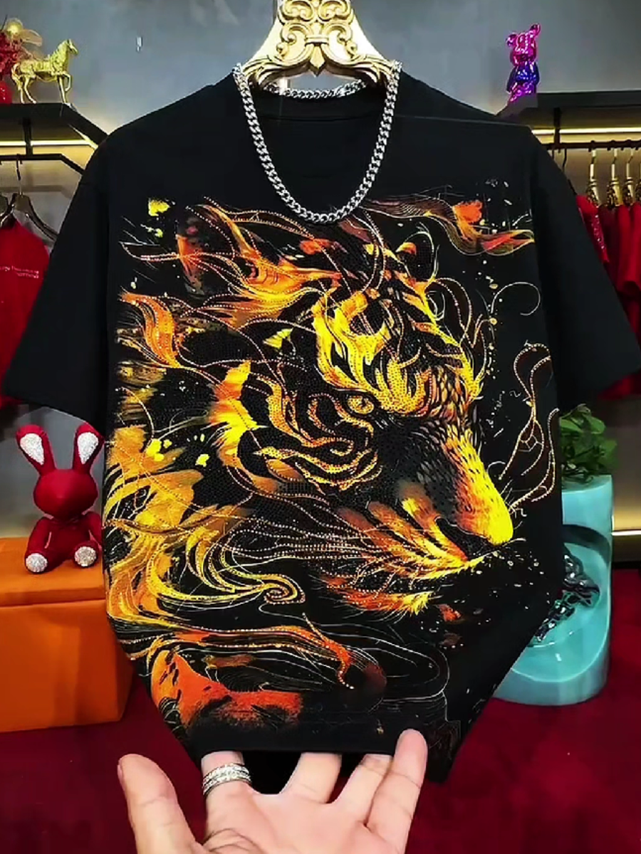 Men's Rhinestone Flaming Tiger Graphic T-Shirt