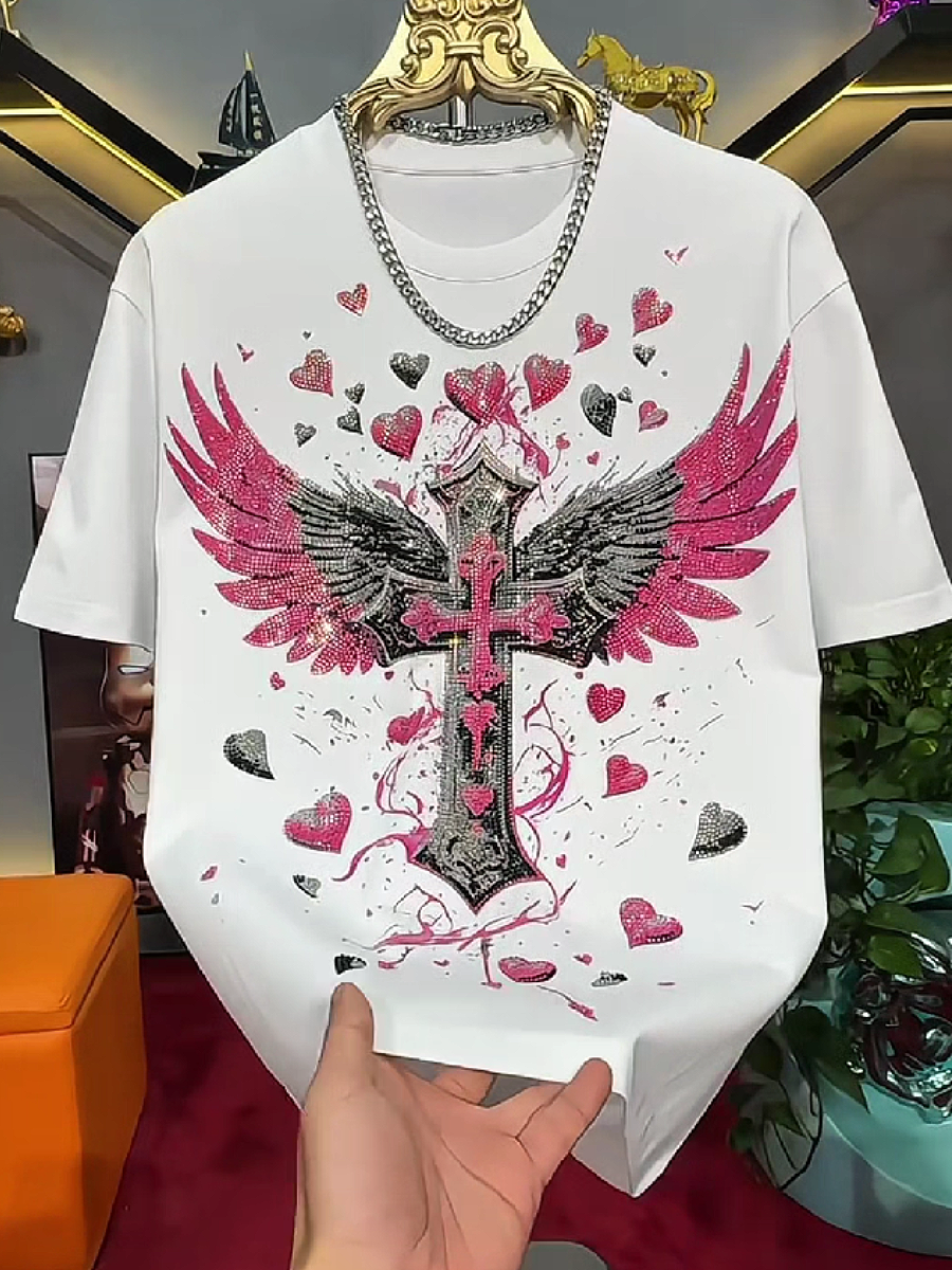 Men's Rhinestone Winged Cross T-Shirt