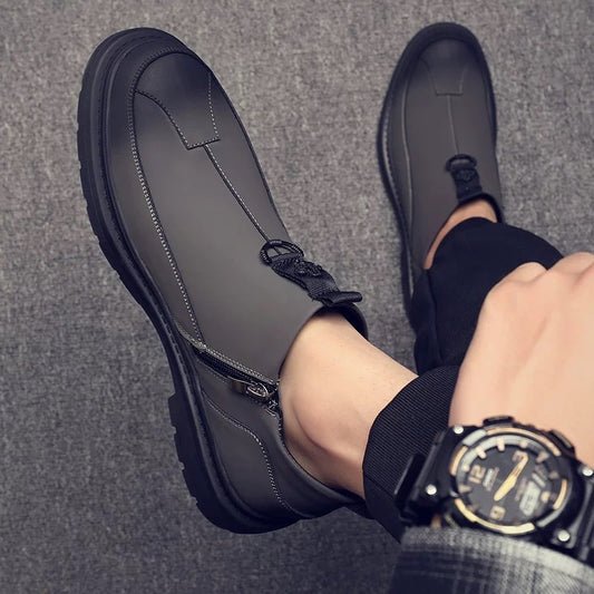 Men's Leather Zip-Up Casual Boots with Thick Sole