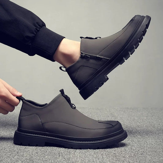 Men's Leather Zip-Up Casual Boots with Thick Sole