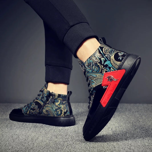 Men's Patterned High-Top Lace-Up Casual Boots