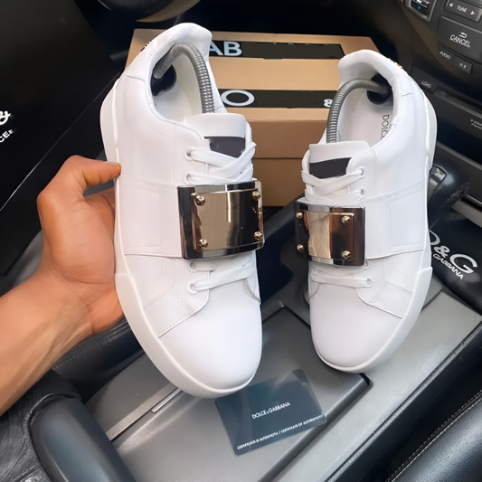 Men's Leather Sneakers with Metal Buckle Strap