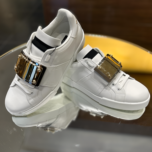 Men's Leather Sneakers with Metal Buckle Strap