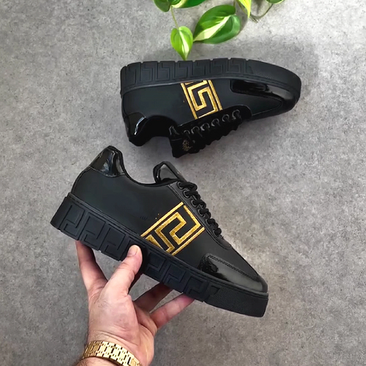 Men's Leather Sneakers with Geometric Pattern Design