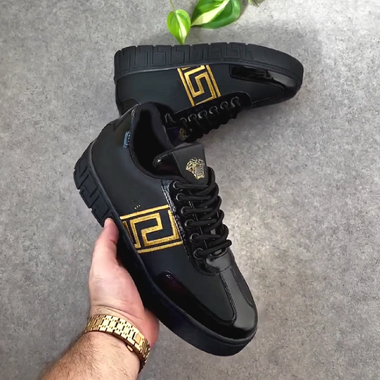 Men's Leather Sneakers with Geometric Pattern Design