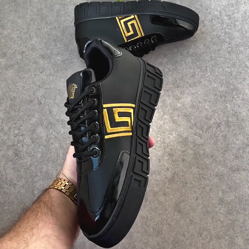 Men's Leather Sneakers with Geometric Pattern Design
