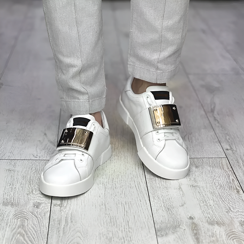 Men's Leather Sneakers with Metal Buckle Strap