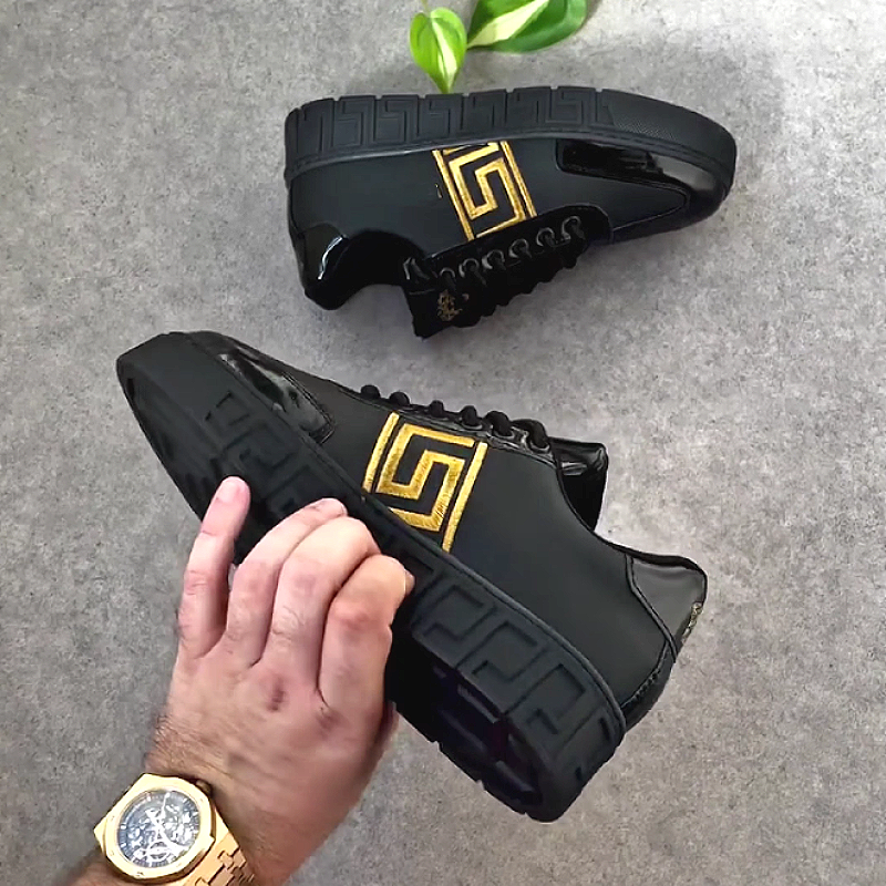 Men's Leather Sneakers with Geometric Pattern Design