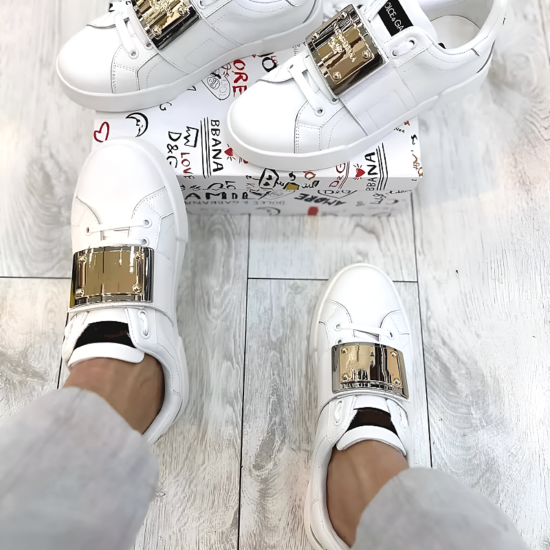 Men's Leather Sneakers with Metal Buckle Strap