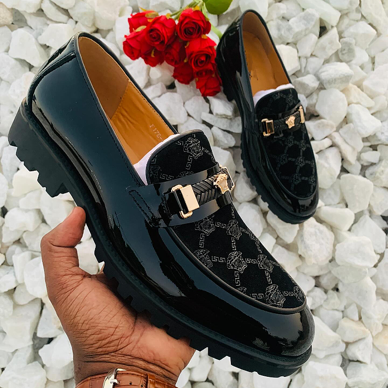 Men's Patent Leather Loafers with Patterned Insole