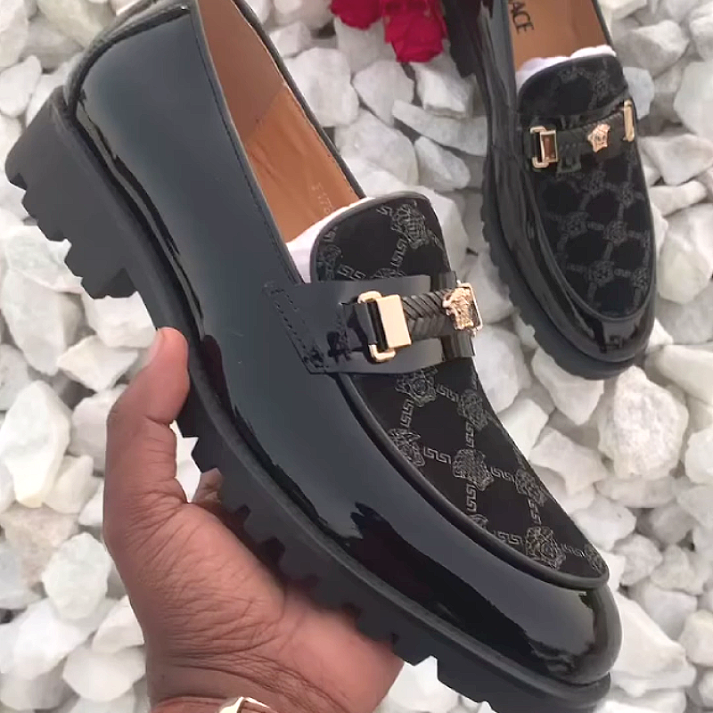 Men's Patent Leather Loafers with Patterned Insole