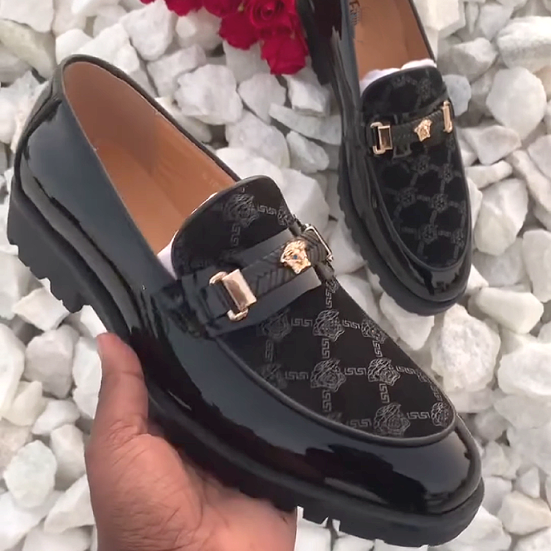 Men's Patent Leather Loafers with Patterned Insole