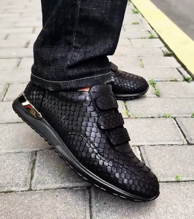 Men's Textured Leather Sneakers with Dual Velcro Straps
