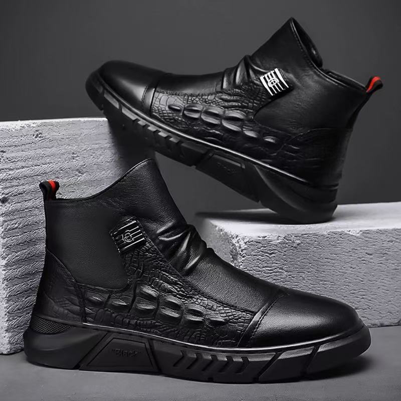 Men's Croc-Embossed Leather Boots with Elastic Side Panels