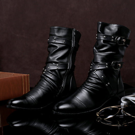 Black Buckle Mid Calf Boot