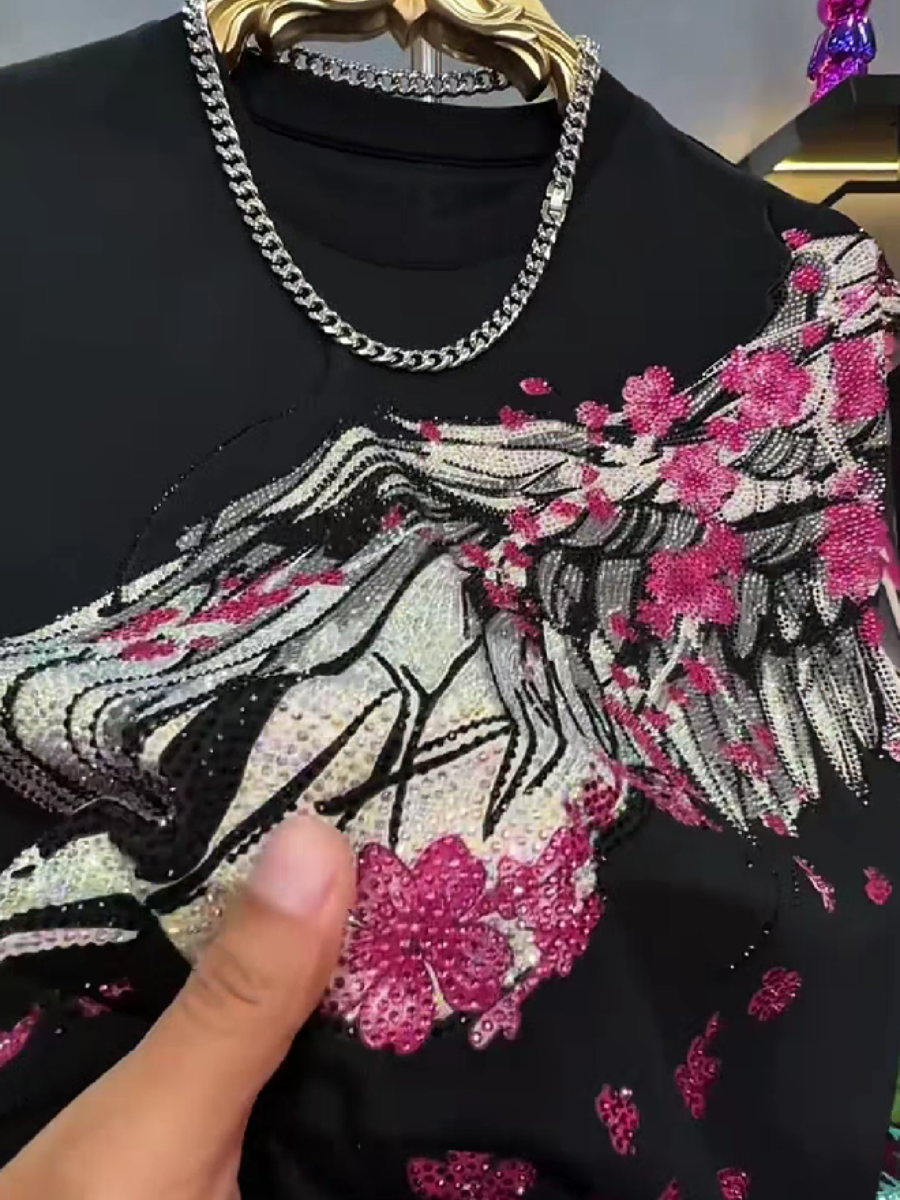 Men's Rhinestone Floral Wings Graphic T-Shirt