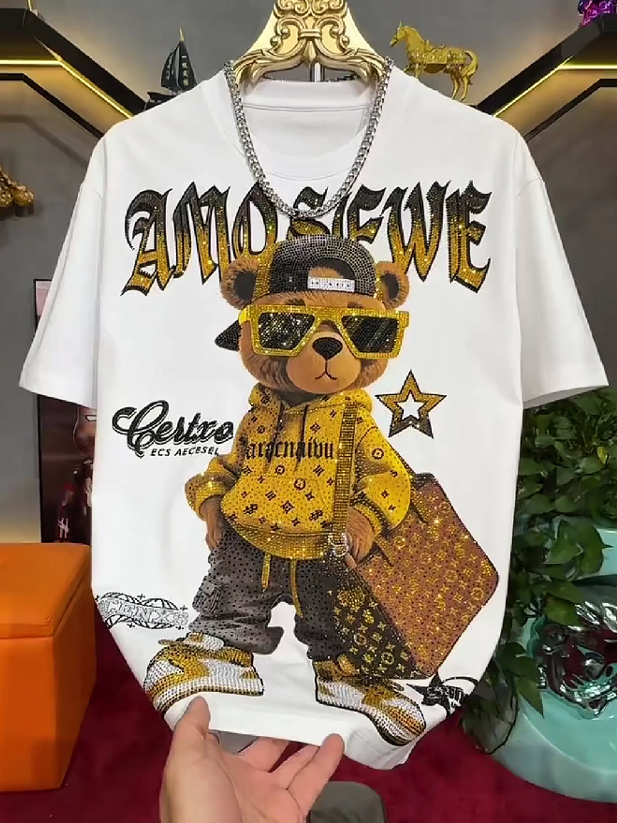 Men's Rhinestone Cartoon Bear Graphic T-Shirt
