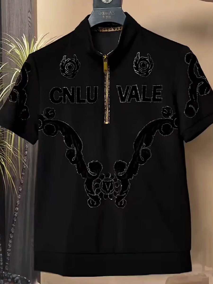 Men's Half-Zip Rhinestone Letter Polo Shirt