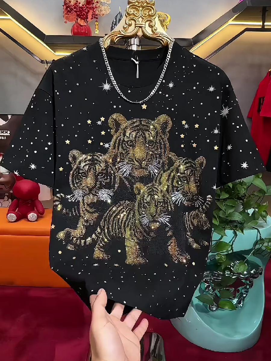 Men's Rhinestone Tiger Star Graphic T-Shirt