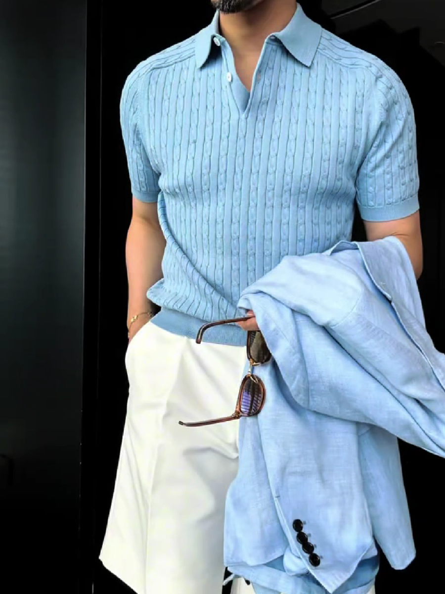 Men's Cable Knit Short Sleeve Polo Shirt