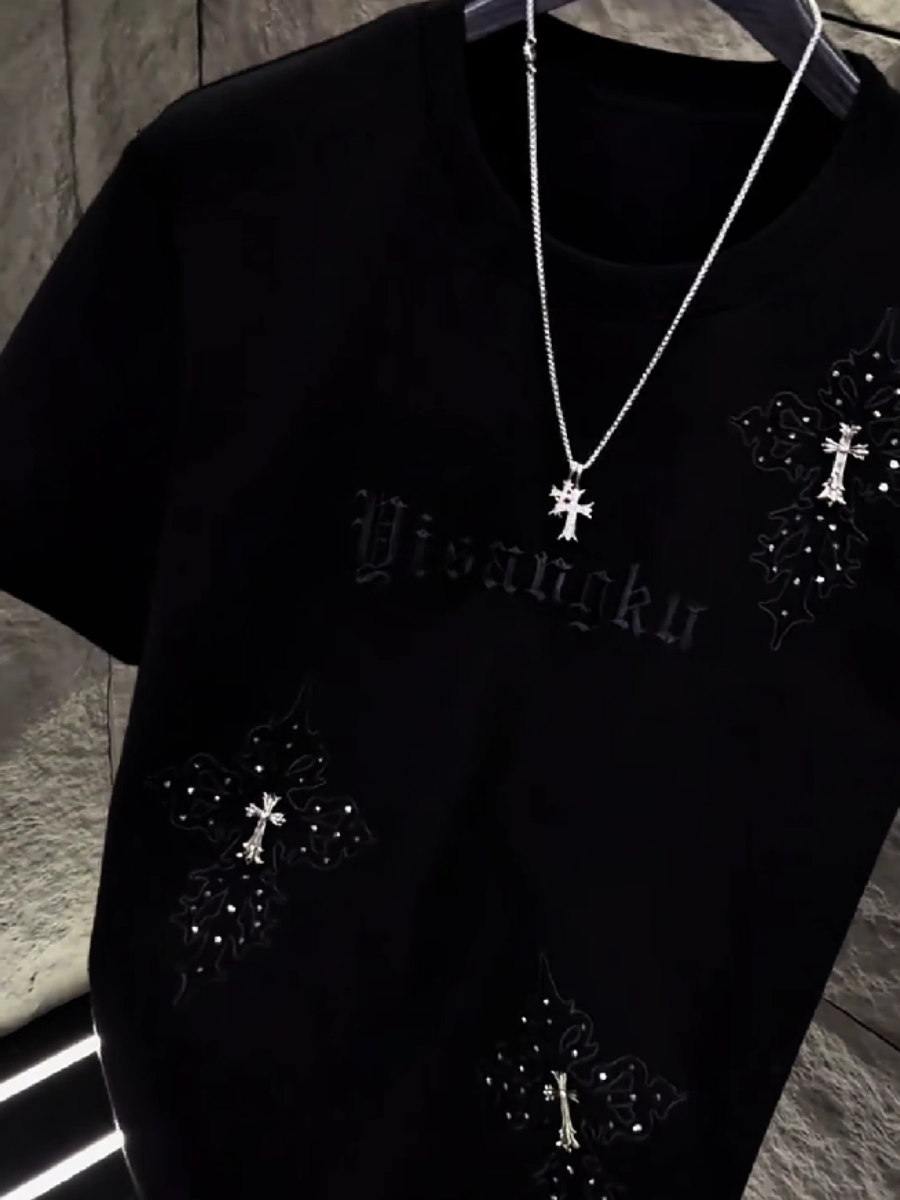 Men's Rhinestone Cross Embroidery Tee
