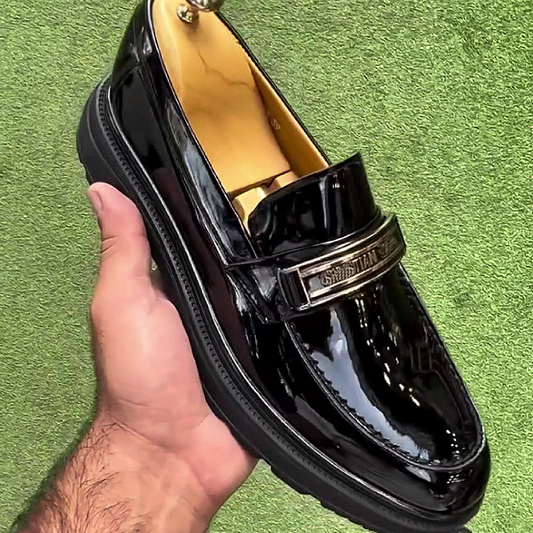 Men's Shiny Leather Loafers with Embossed Strap
