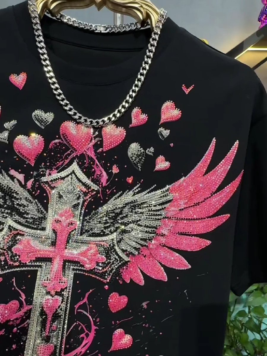 Men's Rhinestone Winged Cross T-Shirt