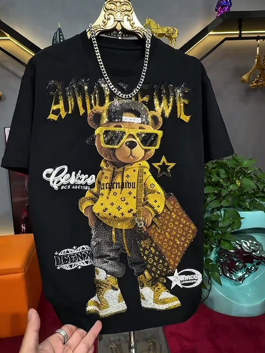 Men's Rhinestone Cartoon Bear Graphic T-Shirt