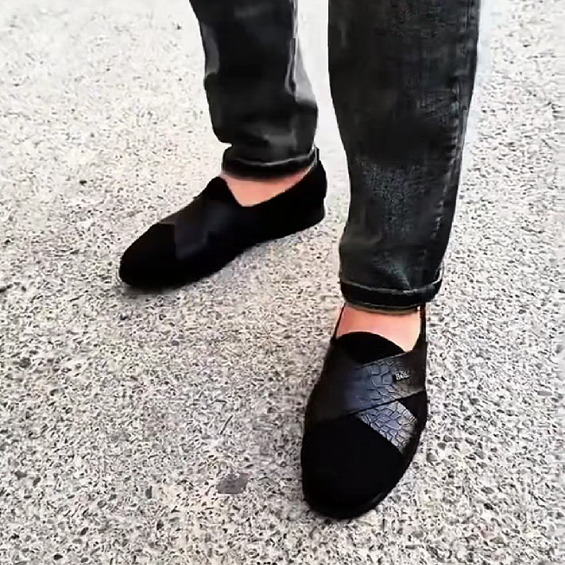 Men's Black Croco Print Slip On Sandals