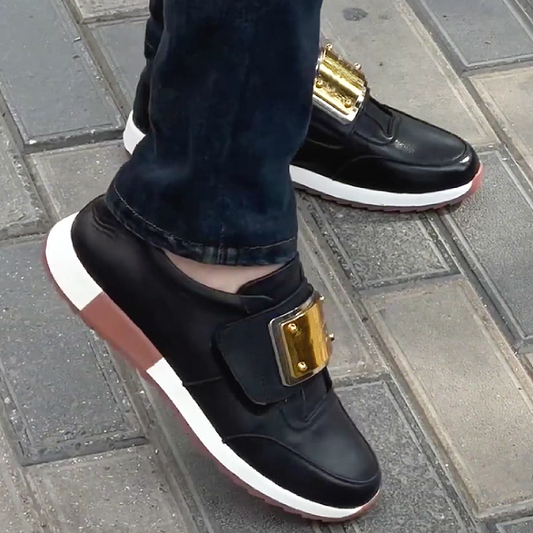 Men's Leather Slip-On Sneakers with Buckle Strap