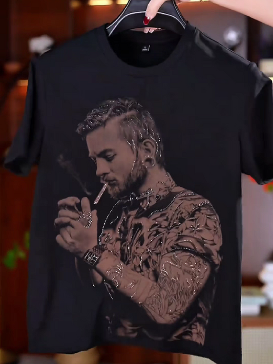 Men's Rhinestone Smoking Man Portrait T-Shirt