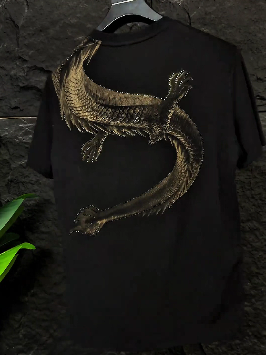 Men's Rhinestone Dragon Shoulder Graphic T-Shirt