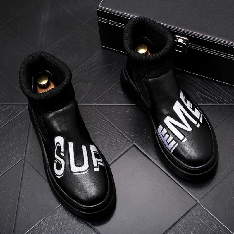 Men's Knit Cuff Slip-On Boots with Embroidered Letters